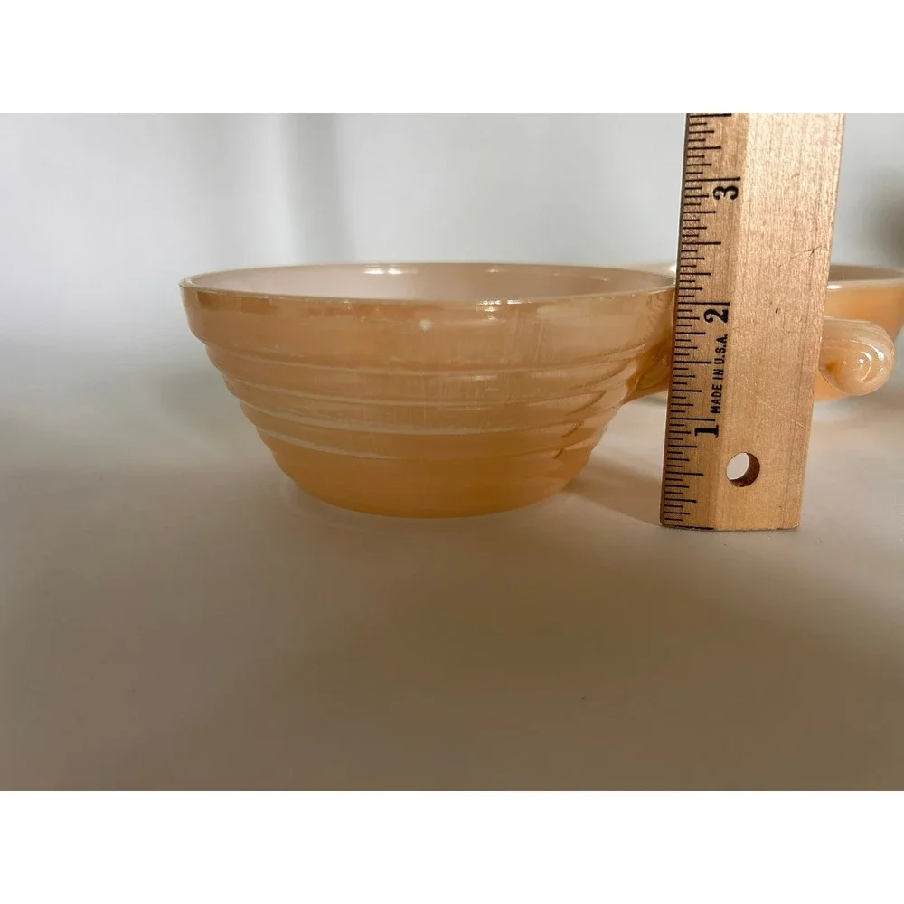 2 Vintage Fire King Iridescent Peach Bowls Handles Beehive Anchor Hocking Luster